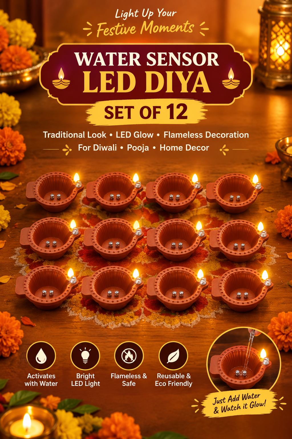 12 Pcs Water Sensor LED Diya - Smokeless Flameless Water Diya for Diwali, Home, Mandir Decoration (Pack of 12) - Image 2